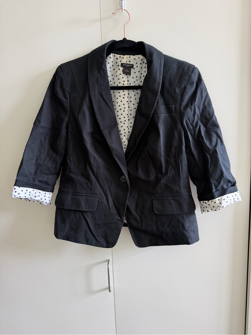 Ann Taylor Black Blazer with Ivory Polka Dot Lining